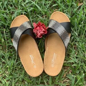 Black and silver rhinestone sandals by Forever Comfort. Size 9.